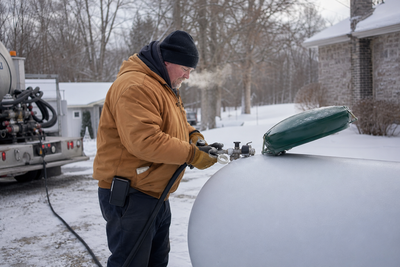 A fuel driver in a winter jacket connecting a hose to a residential bulk tank in the snow.