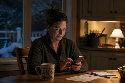 A homeowner paying a fuel bill on a phone at the kitchen table at night.
