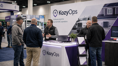 KozyOps team meeting attendees at a trade show booth