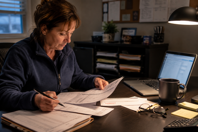A controller reviewing printed statements and deposit paperwork at a tidy office desk under a warm lamp.