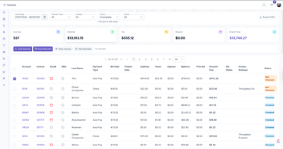 KozyOps invoices table with date range and payment-type filters, summary cards for invoice count, subtotal, tax, deposit, and grand total, plus a paginated invoices grid showing account, invoice, email, mail, last name, payment type, bill date, posted date, subtotal, taxes, deposit, balance, previous balance, amount due, bill notes, invoice subtype, and status columns.