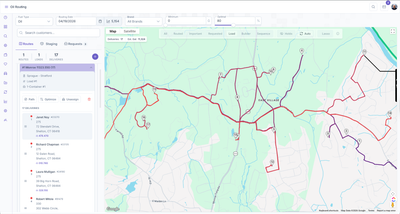 KozyOps oil routing map showing routed delivery stops, route path, load details, and customer stop sequencing.