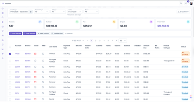 KozyOps invoices table with date range and payment-type filters, summary cards for invoice count, subtotal, tax, deposit, and grand total, plus a paginated invoices grid showing account, invoice, email, mail, last name, payment type, bill date, posted date, subtotal, taxes, deposit, balance, previous balance, amount due, bill notes, invoice subtype, and status columns.